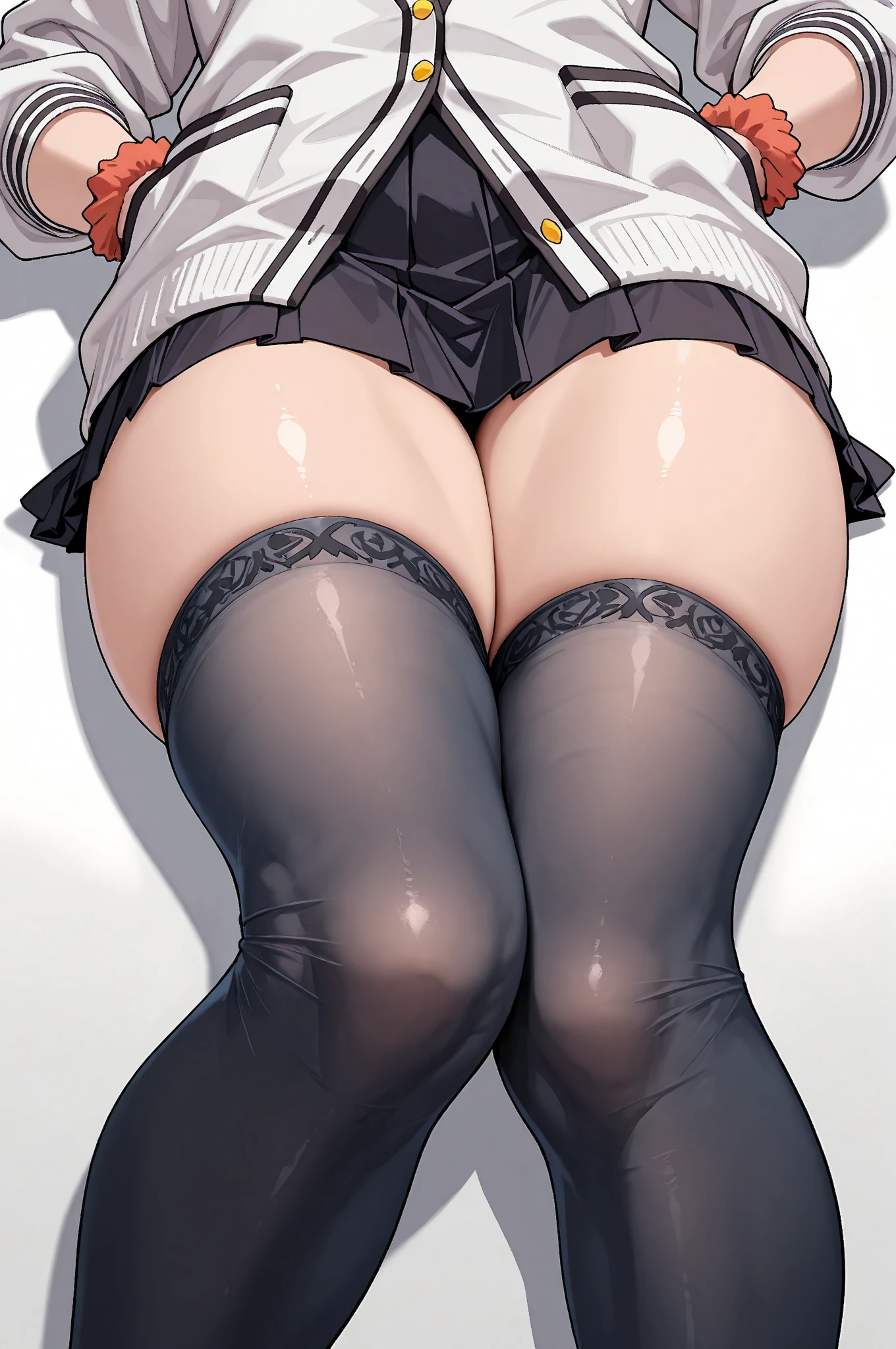 1 girl，high school girl，High-cut underwear，((Low - Angle，Pointed Chest，、mini skirt，Pleated skirt，Very exquisite white panties,The camera is between her thighs，Black knee-high tights，angle of view of ceiling，pubic hair,cameltoe))，(from below:1.6)，（Angle where you can see inside the skirt:1.7、From directly below:1.7），((highest quality, wonderful,8K, masterpiece :1.3)), (Realistic, photoRealistic:1.4),（Very fine and beautiful skin,Black gal）,blonde, Very detailed,Cinematic lighting, Detailed light, Best Shadow, Dynamic Angle（From directly below:1.1）,Between the legs:1.5，Super big boobs:1.6, Voluptuous thighs, ，Indentation:1.5，Poolside