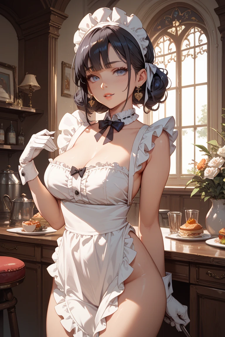Mona_(genshin impact), bakery, holding a pastry brush, bakery utensils, cooking a cake, ornament hair, a snake girl, perfectly body, perfectly hands, wave hair, black hair, long hair, twintails, maid, maid dress, maid headdress, maid apron, stand up close to the window, kitchen, kitchen scenery, gold lantern, navy dress, more details on her clothes, black dress, golden details, night, smiling, coat, ((4k, masterpiece, top-quality)),8k, best quality, high resolution, HD, (illustration:0.8), super cute girl, delicate and beautiful face, 1girl, solo, mature girl, super cute hairstyle, (beautiful detailed eyes:1.6), extremely detailed face, perfect lighting, extremely detailed CG, (perfect hands, perfect ???????), Best quality, cleavage, skirt, full Body,