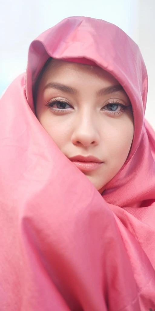 cleavage, hijabi, Absurd, ultra-detail, high quality, masterpiece, detailed face, beautiful eyes(detailed eyes), javanese girl, Red lips, pink short dress, exposed thighs, white pants, shot from below, wind from below ,sky , Stand up and lean against the wall
