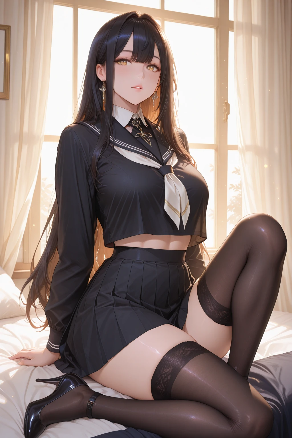 1 girl,(Highly detailed skin),bent,,beautiful胸,Big Breasts,Pale skin,Pointed Chest,Erect nipples,(Fantasy art,Best image quality,surrealist portrait,(8k),Ultra-realistic,最high quality, high quality, High resolution, high quality texture,Attention to detail,beautiful,Get used to it,Highly detailed CG,Get used to itテクスチャー,Realistic expression,masterpiece,Presence,dynamic,bold),bob hair,(Very thin hair),(Very soft hair),(Super Straight Hair:1.5),流した長いbangs,Hair above one eye.Black Hair、bangs、Look forward、Looking at the audience、Two-dimensional beautiful girl、smile、(最high quality), (((masterpiece))), Black Hair,(beautiful紫色の目), (Perfect Eyes), ((A proper sailor uniform)), classroom, ((Huge breasts)), ((A neat black skirt)), mini skirt, (Neat sailor ribbon), ((Perfect Fingers)), (Perfect Anatomy), (Perfect Face)、Publish one''Between the legs、I can see your chest、She feels embarrassed that her pink nipples are visible、blush、sexy look、Expressions of ecstasy、Have an orgasm、climax moment、Two-dimensional beautiful girl、Slim figure、Big Breasts、Look forward、Looking at the audience、Cowboy Shot、Bust up shot、Limited to one woman, cardigan /(High waist long skirt/), Mature Woman, /bangs, looking at the bookshelf, (masterpiece最high quality:1.3) Delicate illustrations are drawn in super detail, Big Breastsブレイク /Top quality, masterpiece, High resolution, (whole body), front, Symmetric, Mature , alone, (whole body from head to toe), Long Hair, slightly, (black tights), ( (Black Pantyhose), Black Pantyhose, composition Showing white panties, slender beautiful foot, とてもbeautiful17歳 (No shoes) foot), blushする, Shy big eyes,looking at the camera, Showing white panties, White frilly lingerie, High Blazer, High school uniform white blouse, High with blue ribbon, High style with short plaid pattern and navy pleated skirt