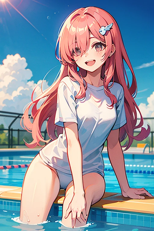 Coral pink hair,Long hair,hair over one eye,Gray eyes,feather hair ornament,cute,Girl,Laughing expression,,Happy and happy expression,White shirt,Briefs,Camel toe,Sit or stand on a swimming ring,whole body,Don't show your arms,The background is the swimming pool,Blue sky and white clouds