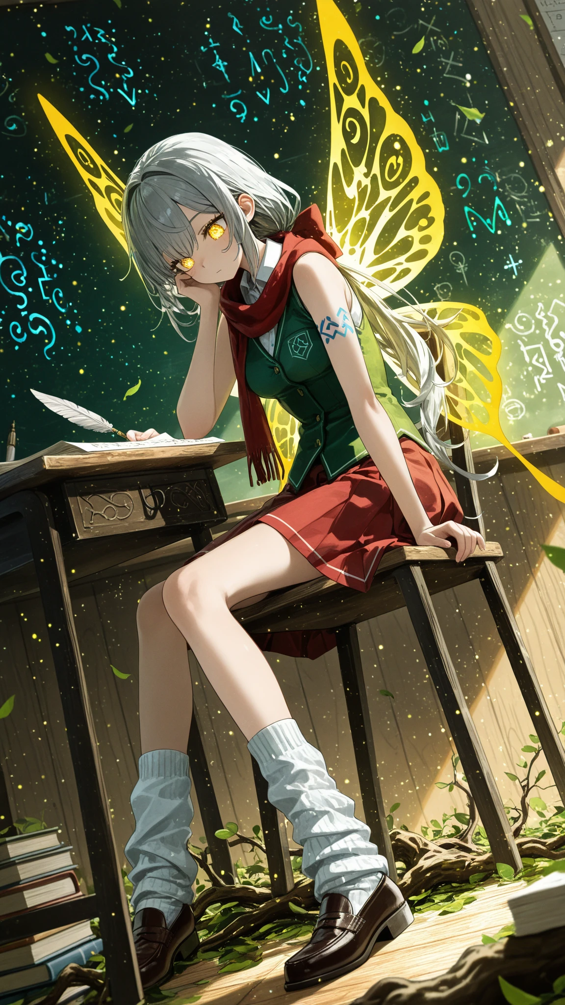 (dutch angle))(masterpiece, best quality),dynamic angle, looking down, ((close up of a girl)), upper body, portrait, ((magic runes, glowing runes, colorful runes)), ((magic runes on arms)), ((sitting on chair, desk, holding quill, writing on test paper)), ((colorful splash effect, swirling colorful particles)), colorful eyes, ((falling leaves)), ((classroom, wooden table, green chalkboard, chalkboard with magic runes, sunbeams, tree roots on floor, wooden walls)), ((tree bark walls, bookshelves, ((Mirco size, enormous tree branch)), ((fairies gathered below)), ((flying fairies)), glowing eyes, long hair, gray hair, low ponytail, light skin, yellow eyes,thin, green sleeveless vest, red skirt, red scarf, loose socks, loafers, white collared shirt,,hand on face, looking down, colorful magic orbs, stack of books, small breasts, sleeveless, translucent wings, fairy wings, golden wings, thin legs, thin thighs, ((light particles, colorful particles)), dynamic illustration, dramatic lighting,