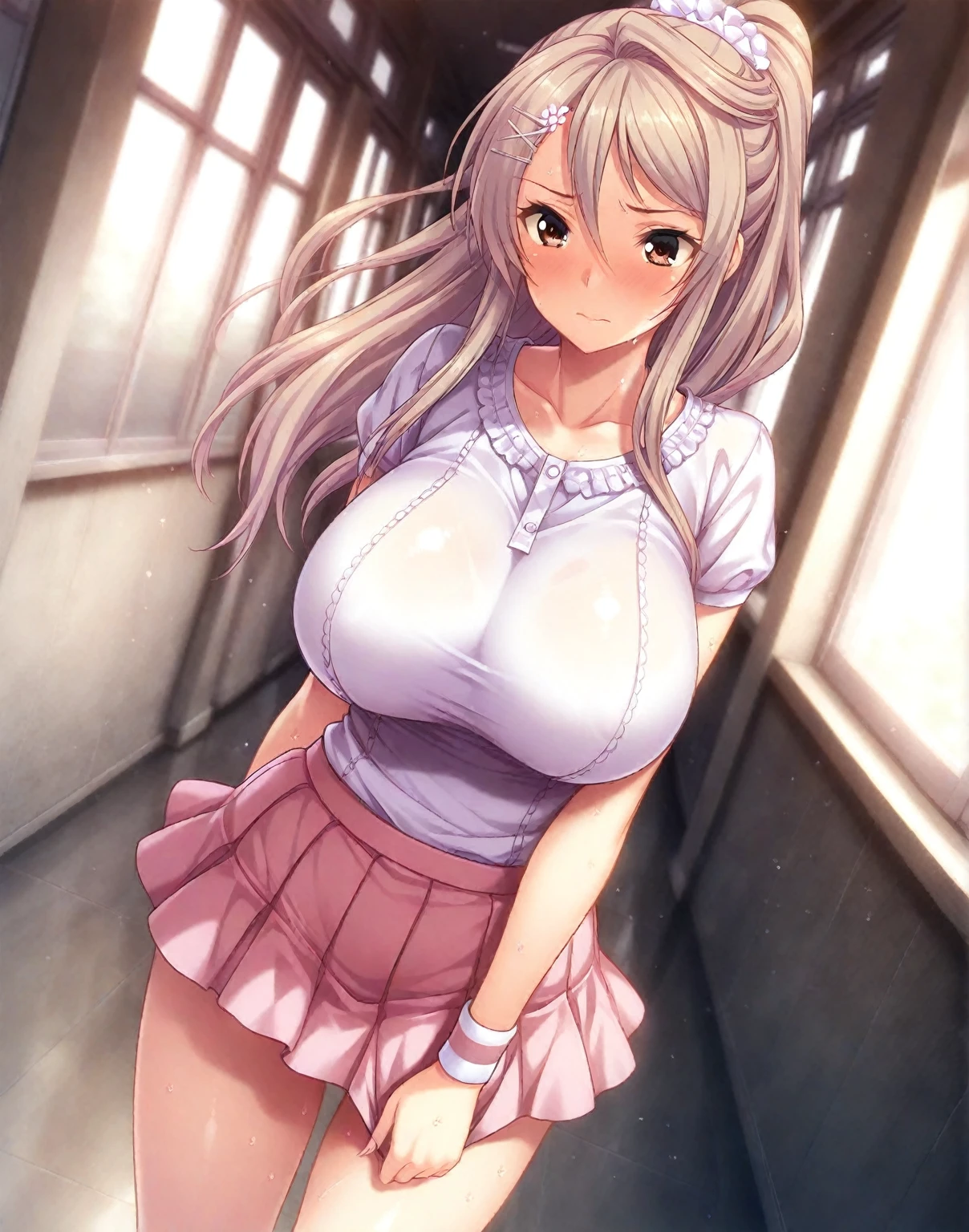nsfw, masterpiece, best quality, ultra detailed, solo, (mature female:1.6), from below, big breasts, nipples, navel, school uniform, white shirt, opened shirt, pleated skirt, black panties, [[wavy hair]], (skyblue gray hair), middle long hair, Pink eyes, (serious), (thin eyes:1.2),
arafed room with a lot of plants growing on the floor, abandoned spaces, nature taking over, abandoned places, urbex photography, abandoned buildings, overgrown ruins, abandoned ruins, surreal abandoned buildings, overgrown environment, an abandoned, abandoned, urban exploration