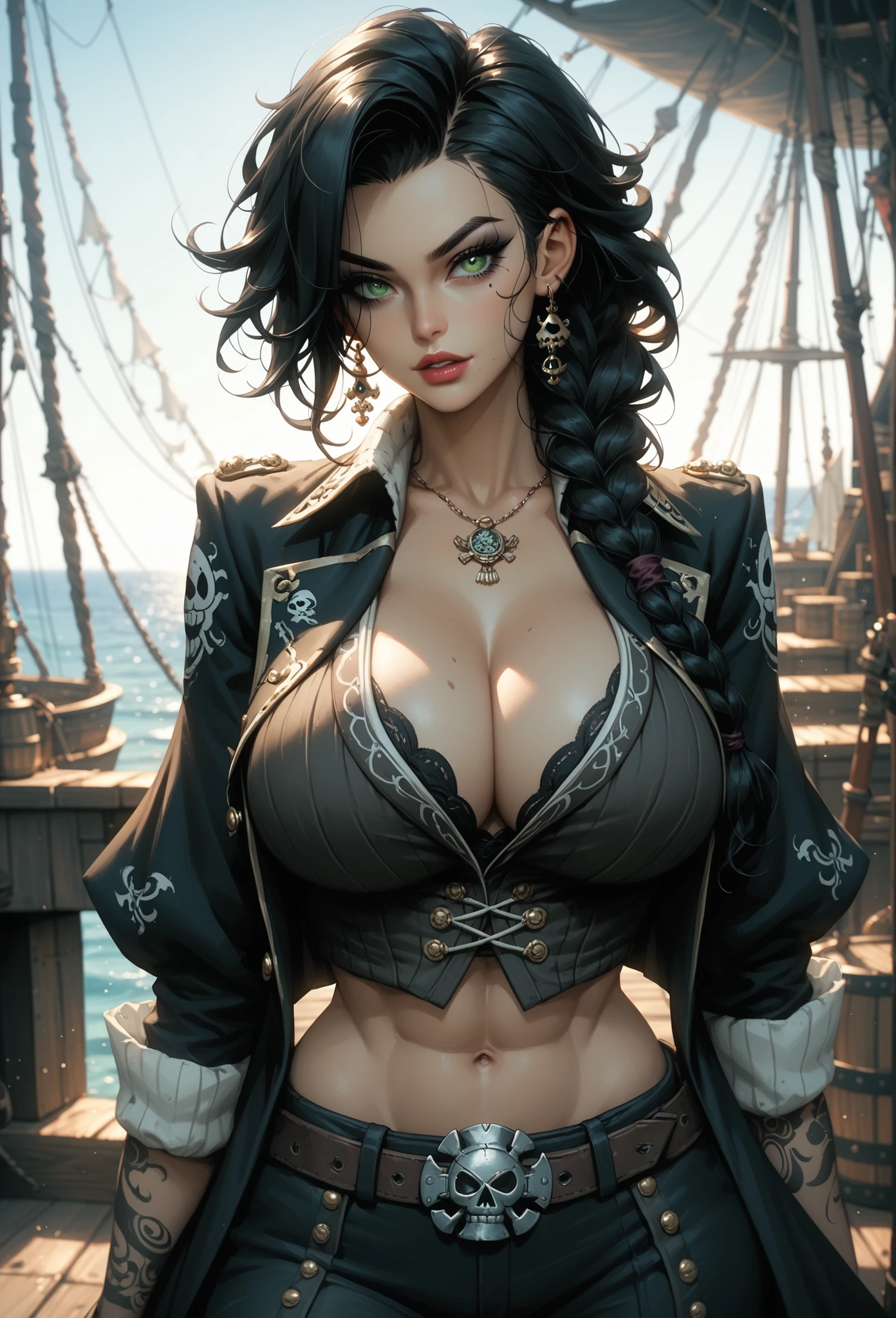 (masterpiece), best quality, highly detailed faces, (SHARP details), 4k, highly detailed, expressive eyes, SHARP detail expressive eyes, (SHARP detail perfect face), ((dark skin)), (bunny ears), (viera), ((black hair)), (choker) amber eyes, ponytail, wild tomboy hair, (large breasts), smiling, standing, (wearing pirate outfit), 20 years old, deep cleavage, ((solo)), nice hips, curvy, tall woman, ((sweat)), outdoors, island, shipwreck, white dress shirt, (black pirate coat), black coat, thighhigh boots, (pirate), ((saber)), sword, belt, pirate gun in belt, black shorts, piercings, jewelry, (female pirate captain), earrings on bunny ears,