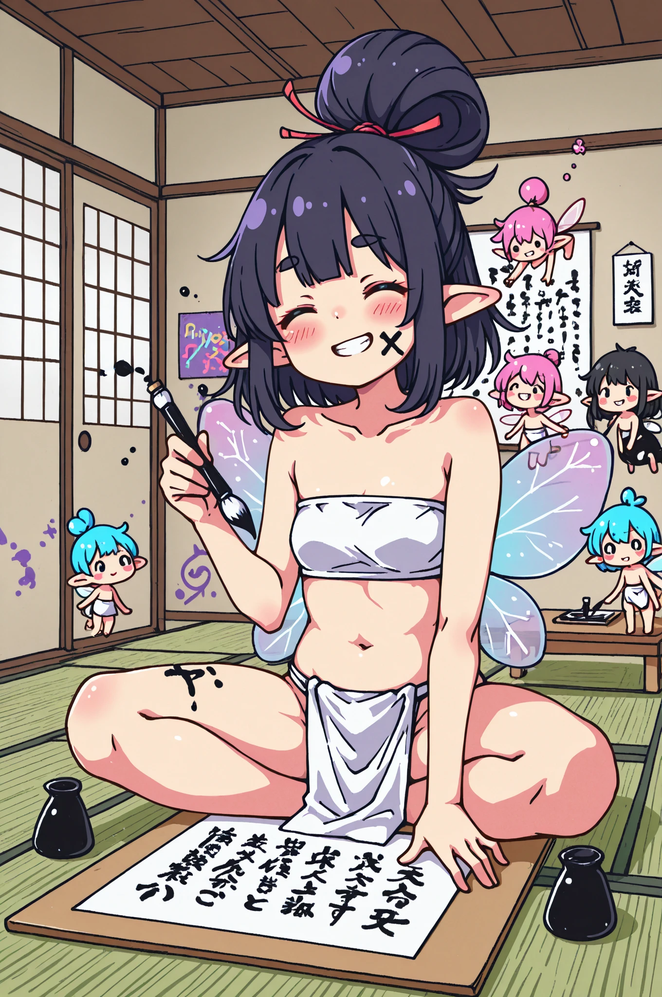 Emphasizing breasts, small breasts, poses that emphasize breasts, thick hair, pubic hair, big butt, kimono, straight black hair, young girl, protruding nipples, beautiful girl, ahegao, large amount of semen stored in vagina