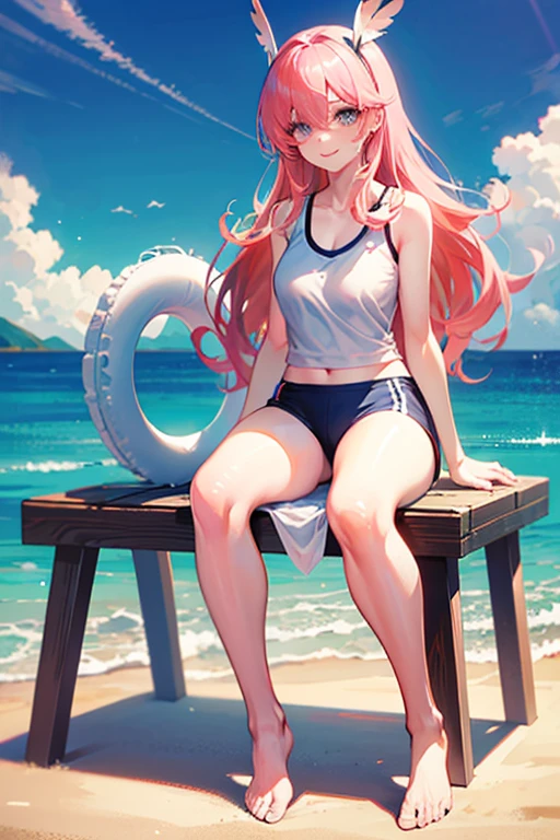 creates an anime girl with a red swimsuit taking off a white blouse, 24 years old in a tropical beach landscape and sitting on a beach chair