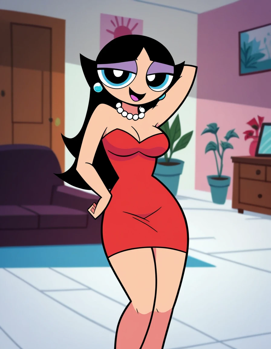 A woman big tall sexy big breast long straight black hair her blue rectangle eye eyelash wears bright red bra and a red thong standing curved leg wide sexy black shoe