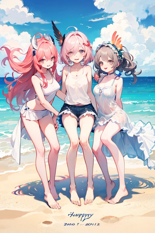 three little naked girls, one  with pink hair, one  with dark hair, one with red hair, all the little girls with small breasts, all the little girls with pussies, all the little girls with devil horns, all the little girls with cat tails, all girls with stunning eyes, all girls wearing boots with long socks, rocky beach, volcano, sea with waves, ultra HD, 8K,
