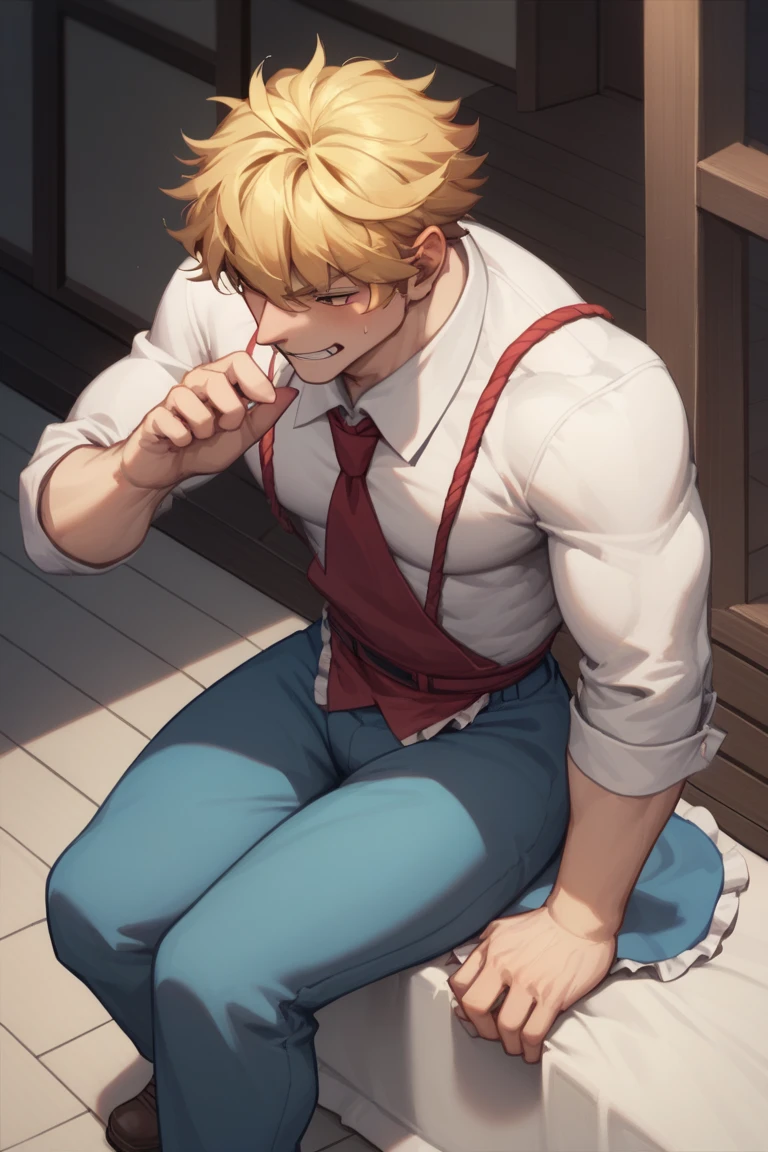 vane /(granblue fantasy/)、muste piece, ,NSFW,best quality,male,solo,beautiful detailed skin、Glittering oiled skin,blush、(white shirt, black vest,detailed face,blush,Panting、泣いている,orgasm:1.2), complicated and elegant、sexy、 Strong muscles、spread legs,(anal,penis,sex,projectile cum,semen,:1.3),kitchen
