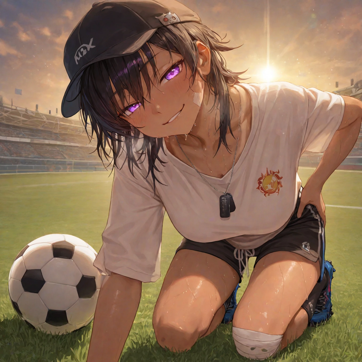 (((masterpiece))), (((best quality))), ((ultra-detailed)), (8K),NSFW,1girl,(((Tomboy))), (((boyish))), black hair, extra short hair, pixie cut,Lolita,Chibi,short girl,minimum girl,((soccer uniform)),(flat chest), (((holding penis))),handjob,com on face,bukkake,