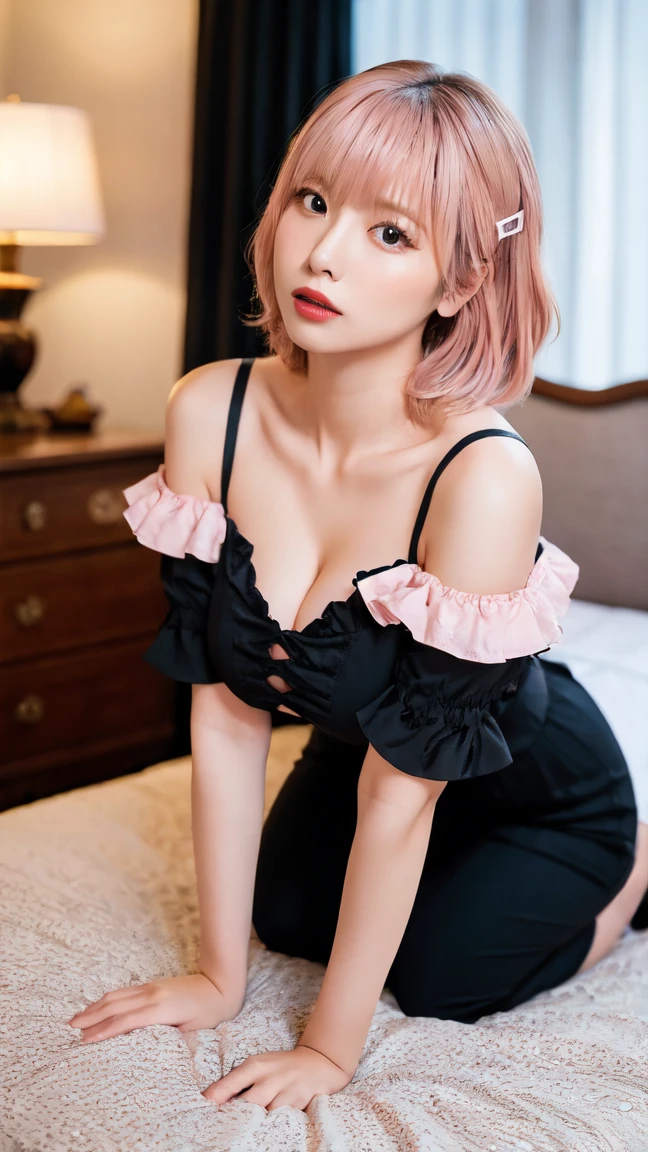 ((Top Quality)), ((Best Retail)), (High level of detail: 1.3), (8k, RAW photos, top quality, masterpiece: 1.2), (realistic, photorealistic: 1.37), (Ultra realistic), (High Details), (Face detail), (Shadow Detail), ((huge breasts: 1.9)), 1 japanese girl, (20yo), Beautiful face, Eyeshadow, Natural makeup, pink lips, White hair, Short hair, Black lingerie (transparant), body sweats a lot, on the bed