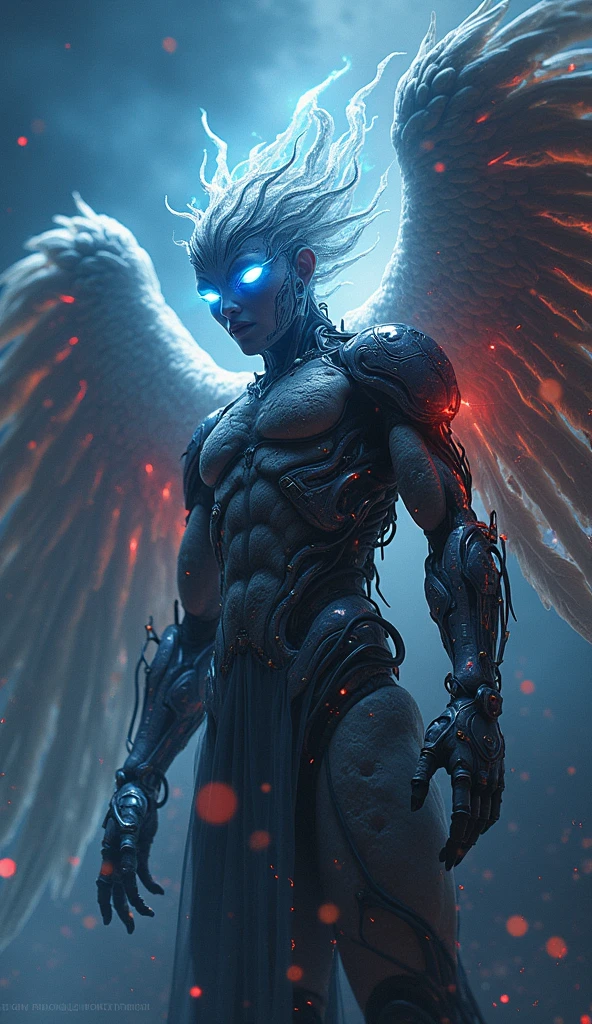 Half-man phoenix, medium white hair, yellow eyes, scar on left eye, white feathers, thin body with little muscle, white wings, menacing face, yellow pupils, golden bird tattoo with black details on chest, Claws in hand, black pants, 8k quality.