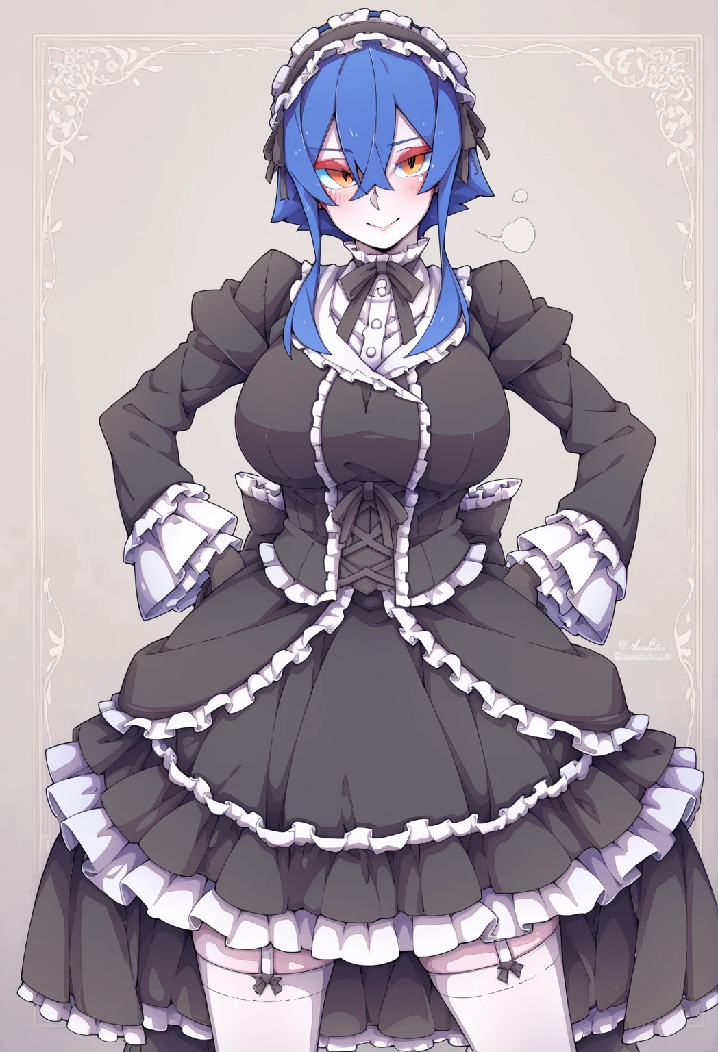 masterpiece, best quality, absurdres, 1girl hwolfie , [ballgown|edgmarquise], edgmarquise, wearing a ballgown, looking at viewer, bare shoulders, breasts, dress, earrings, jewelry, pearl necklace, solo, contrapposto, standing, hand on own hip, angry frown fangs out indoors smile, full body, corsept