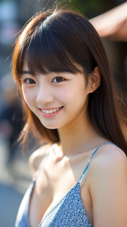 (best quality, masterpiece:1.2), ultra high resolution, (one cute Japanese teen girl), (baby face:1.3), cleavage, beautiful detailed eyes, double eyelids, light make-up, long brown hair, bangs, light smile, portrait, (wearing red tank-top), (crowded street in the city:1.3), (bright sunny day)