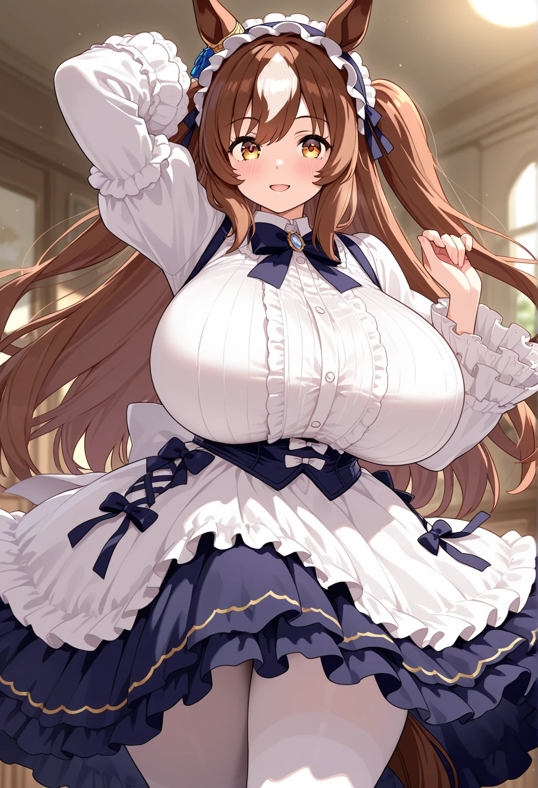 (highres), (absurdres), (best quality), (high quality), (masterpiece), 1girl, asuna, blue eyes, long hair, halo, hair over one eye, very long hair, light brown hair, hair ribbon, maid, maid headdress, apron, frills, frilled apron, puffy sleeves, short sleeves, white gloves, white thighhighs, arms behind back, looking at viewer, (gigantic breasts, wide hips, thin waist, huge thighs:1.5), (huge ass:1.2), tiny skirt, miniskirt