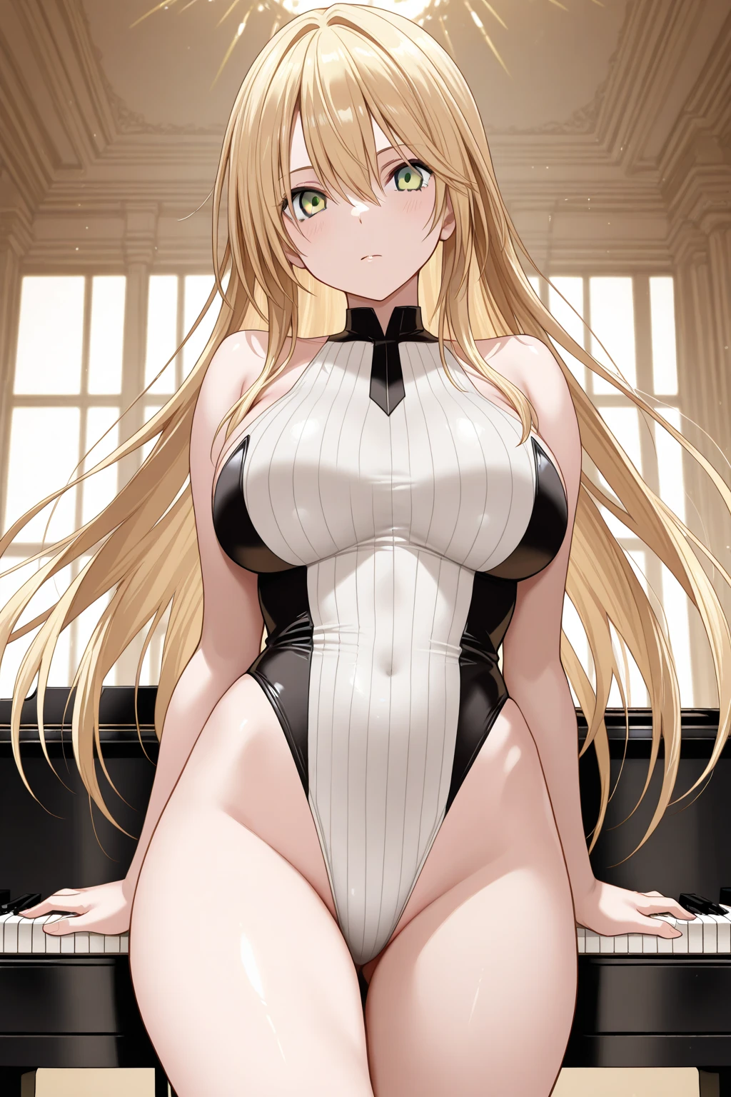 1girl, siege (arknights), solo, breasts, long hair, cowboy shot, looking at viewer, cleavage, choker, black choker, collarbone, large breasts, one-piece swimsuit, (white one-piece swimsuit:1.2), abs, <lora:Siege:1>,