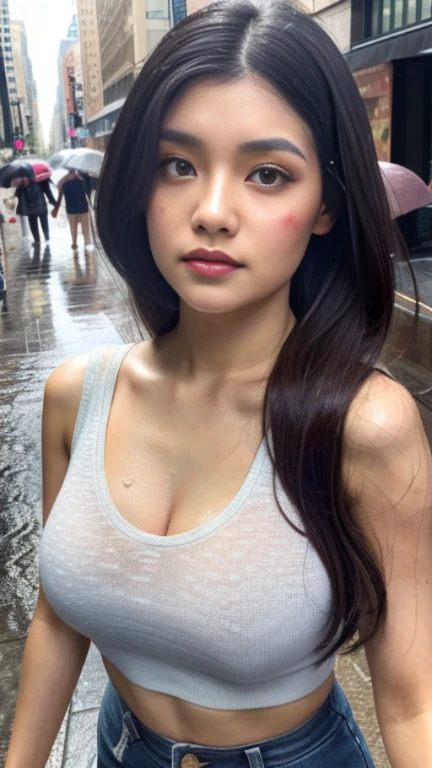 (Best-quality, Masterpiece, Ultra-High-Resolution, (Photorealistic:1.4), Raw Photo, depth of field, professional lighting, perfect ???????, extremely details), 1girl, 15-years-old, the most famous Japanese idol, looking at viewer, innocent smile, standing on street in heavy-rain, (((wearing only extremely wet summer-dress from heavy-rain))), (extremely wet face from heavy-rain, ((extremely cute and extremely big eyes)), extremely wet hair from heavy-rain, extremely realistic skin), extremely cute long-eyelashes, extremely cute lips, extremely wet body from heavy-rain, extremely wet thighs from heavy-rain, ((detailed heavy-rain):1.5)