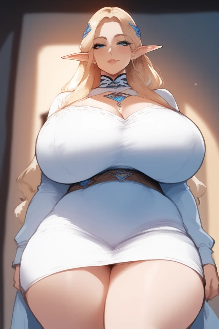 Marcille, elf girl, blonde messy hair (gigantic tits:1.2) blue lace gown, lifting skirt, walks in dungeon, magical atmosphere, UHD, 8k, masterpiece, photorealistic, hyper detailed