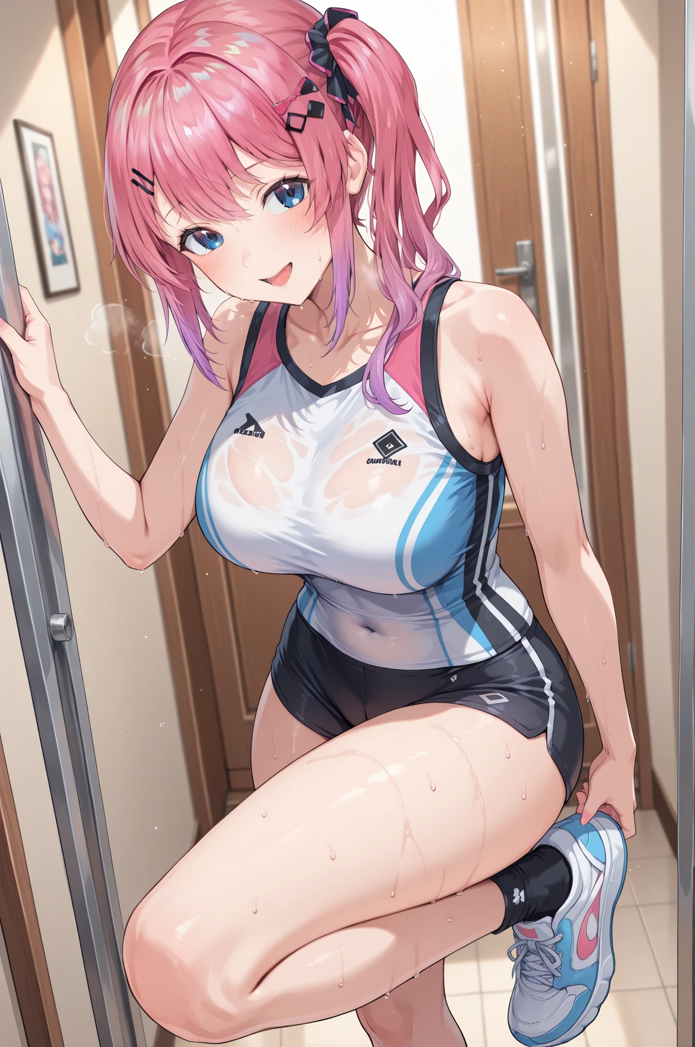 Ultra-high resolution, 1 Girl, 18 years old, (Idols:1.4), (Famous actresses :1.4), (Beautiful detailed face:1), ((Best Quality)), 1 Girl:1, 18 I, Cinematic Light, ,Mood lighting, (((Perfect Anatomy:1.10))), (Finely detailed face:1.2), (Representative works:1.5), (Best Quality:1.2), Looking at the Viewer, Lipstick, V-shaped eyebrows, V Line Jaw, ((Prevents clothing from digging into the skin)), (Crying face:1.3), (Heavy breathing:1.3), (The background is blurred), Glossy texture, Strong winds:1.3, (Long hair blown by the wind:1.3),  (Perfect Face:1.4), (Close your eyes:1.2), ((Shiny skin:1.3)), (Extremely smooth expressed skin), (((Sweaty skin:1.5))), White Skin, Slender, Narrow nose, (Narrow waist:1), (Almond Eyes:1), (Big Breasts:1.2), There is cleavage in the chest, Bangs, Light makeup, Small Ass, ((((Wrestling match venue:1.4)))), ((Sexy Sparkly Wrestling Costumes:1.3)), ((Sexy design swimwear:1.3), (( Pink with a complex design&white wrestling costume:1.3)), ((((My crotch is wet:1.4)))), ((((Sweat makes clothes transparent:1.3)))), (Patent leather long wrestling boots), Thimble Skin Gloves, (((Sleep on your back))), ((((Spread your legs)))), ((((Put your foot forward)))),  ((((Top-down view)))),