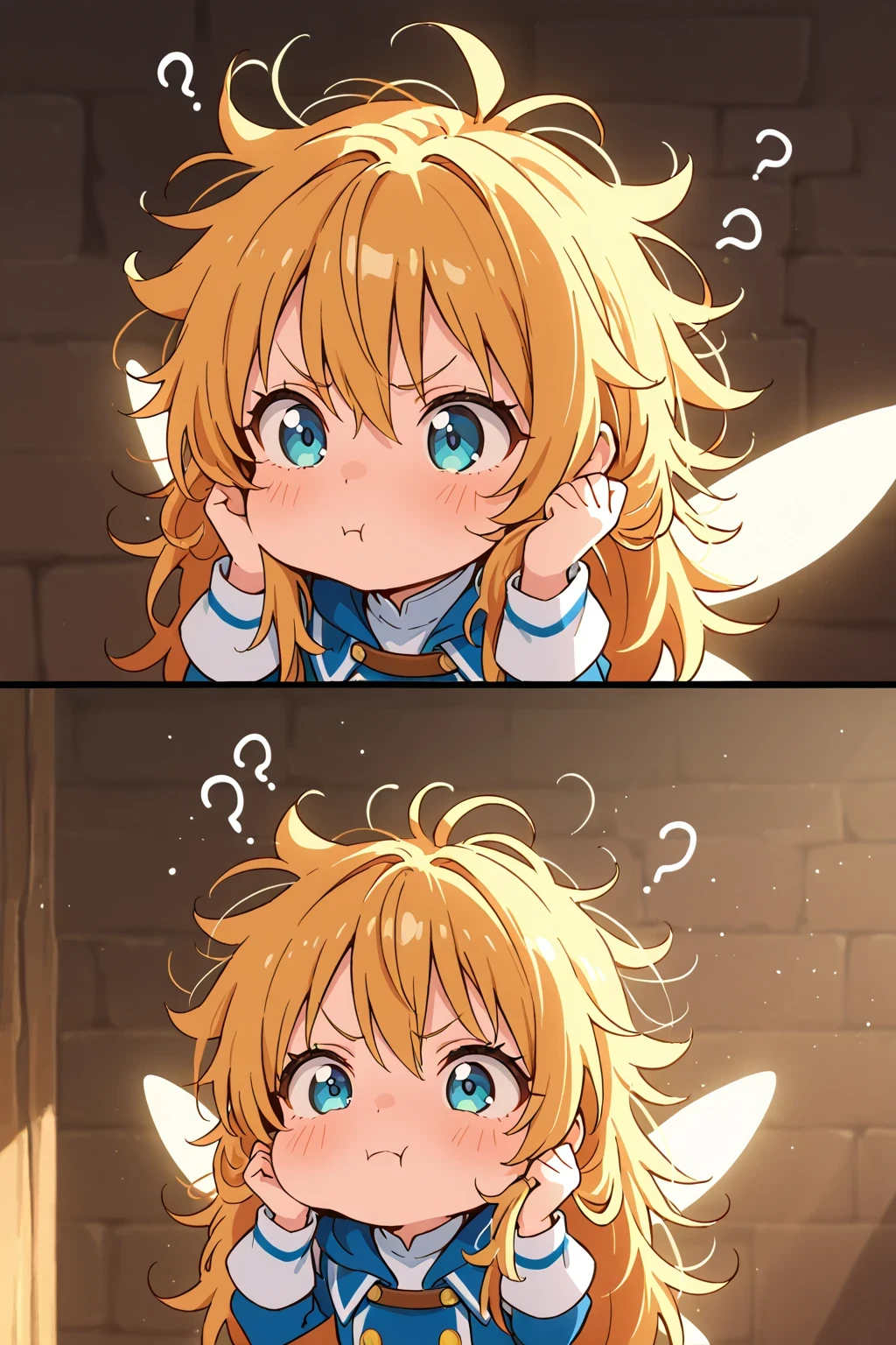 chibi, solo, RamirisTS, a confused fairy with wings, pouting with frustrated expression, puffed cheeks, cute confused face, hands in hair, making messy hair from frustration, soft lighting, cute and expressive face, fantasy Academy scene, background, cinematic composition, masterpiece, best quality