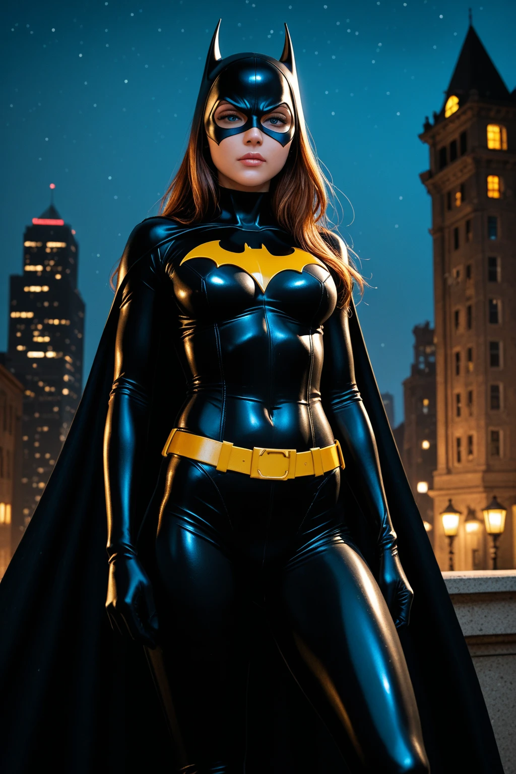 8K, Ultra HD, Super details, high quality, High resolution. The heroine Batgirl looks beautiful in a full-length photo, her body is sculptural, her long black wavy hair is radiant in a perfect combination with her white skin, her bright blue eyes mesmerize everyone. She is wearing her heroine costume. It consists of a mask that covers the upper part of the face, leaving your eyes visible, and a tight bodysuit. It can be black, dark blue or purple, the material is made of resistant and elastic fabric to provide protection and allow agile movements, on the chest of the costume, there is a bat symbol similar to the Batman symbol, she wears a utility belt that contains a variety of useful devices and equipment for your missions, Batgirl's boots and gloves are made of resistant material to protect her hands and feet during combat, she wears a black cape, an aesthetic element of the costume. she looks very sexy, drawing attention to her big breasts and thick legs.