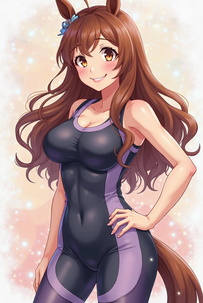 A 13-year-old with long, medium wavy brown hair, green eyes, wearing a purple tank top jumpsuit, anime style, showing the full body.