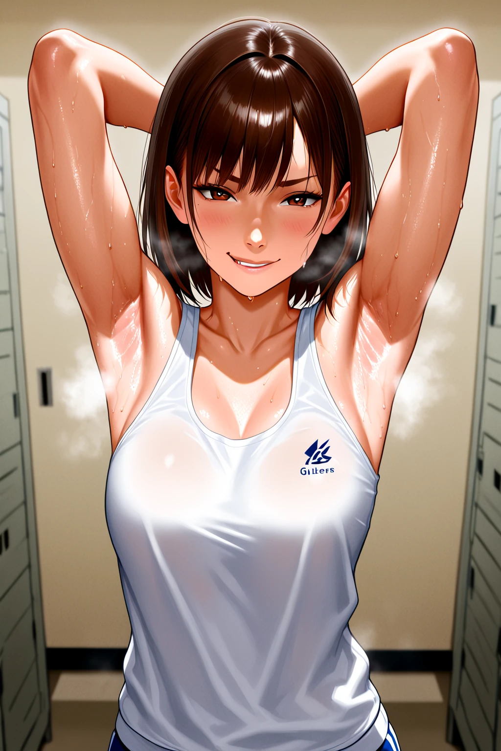 asuka kazama, masterpiece, best quality, highres, solo, short hair, black eyes, volleyball uniform, standing, cowboy shot, smile, hand on hip, anime. skins, sweating, big breasts, both hands raised, armpits, armpits visible, dripping with sweat, more more sweat, sweaty armpits, 2 arm.