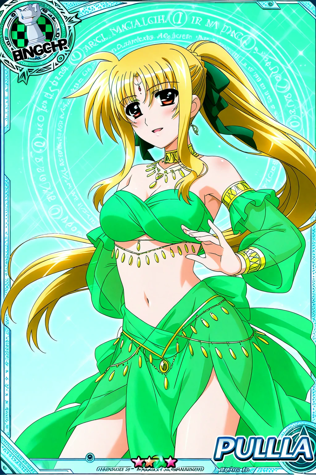 "(masterpiece:1.1), best quality, 
1girl, (80s anime style:1.3), (eyelashes:1.5), (loli:1.2), 
(intricate high detailed body:1.2), 
(yellow hair:1.1), (hair over one eye:1.1), (long hair, wavy hair:1.1), (flower brooch, hair ornament:1.2), 
green eyes, (lip stick:1.3), (thick eyebrows:1.1), 
(small breasts:1.1), 
(shy:1.2), (blush:1.1), open mouth, 
(golden embroidery bikini armor:1.2), 
(belts:1.1), (hoop earrings:1.1), crystal necklace, 
standing, 
(upper body, cowboy shot, looking at viewer, from front:1.1),
(daytime, grassland, outdoors:1.1)"
