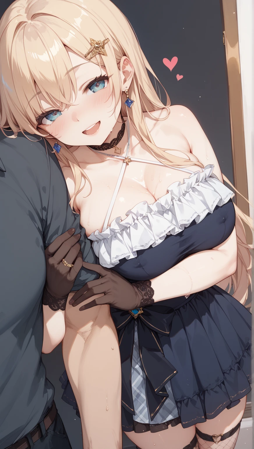 Side Ponytail, medium breasts, a necklace, Collared shirt, Black vest, (Torn clothes:2.0)、 It is a garment that can be seen around the waist..、 (Black skirt), Lie on your back, (Grabbing the chest to others:1.6)、shirt pull, White skin, Others pull down her shorts、((An embarrassed look with blushing cheeks))、 White sigh, drooling a little, Female masturbation