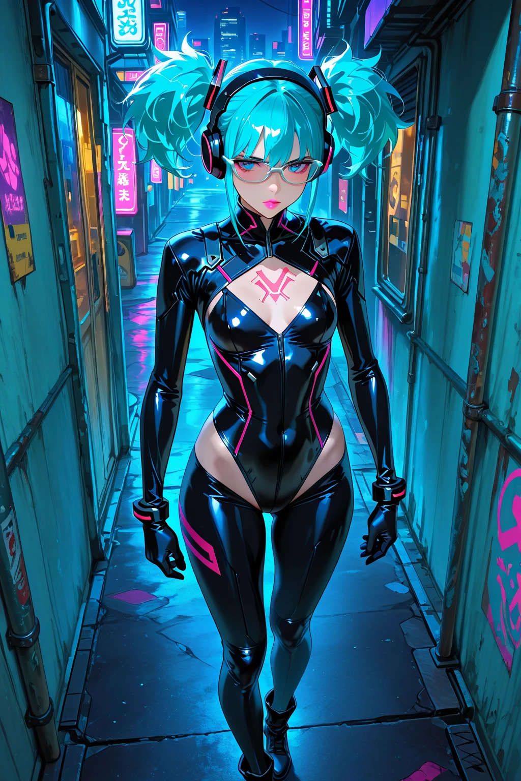 best quality, super fine, 16k, incredibly absurdres, extremely detailed, delicate and dynamic, beautiful female warrior, rainbow braided ponytail, forehead, cool and attractive look, metallic red eyes, amazing proportions, translucent iridescent reinforced bodysuit, future punk, background ruined city