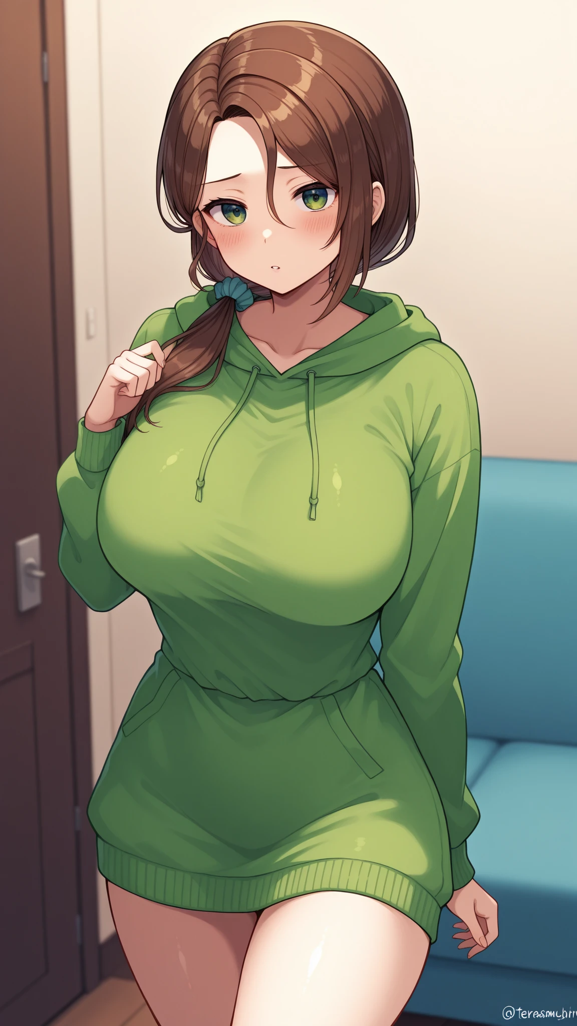 A Beautiful Cute Girl, ((17 years-old)), with (Long Brown Hair), (Beautiful Green Eyes), Huge Breasts, Thicc Thighs, Enormous Thighs, Plump, Thick, wide hips. She’s wearing a Cute Black Hoodie, and a ((Short Green Pleated Skirt)). Sitting in a Modern House, with an embarrassed expression, she’s embarrassed because her skirt is a little too short and her thighs are too big.