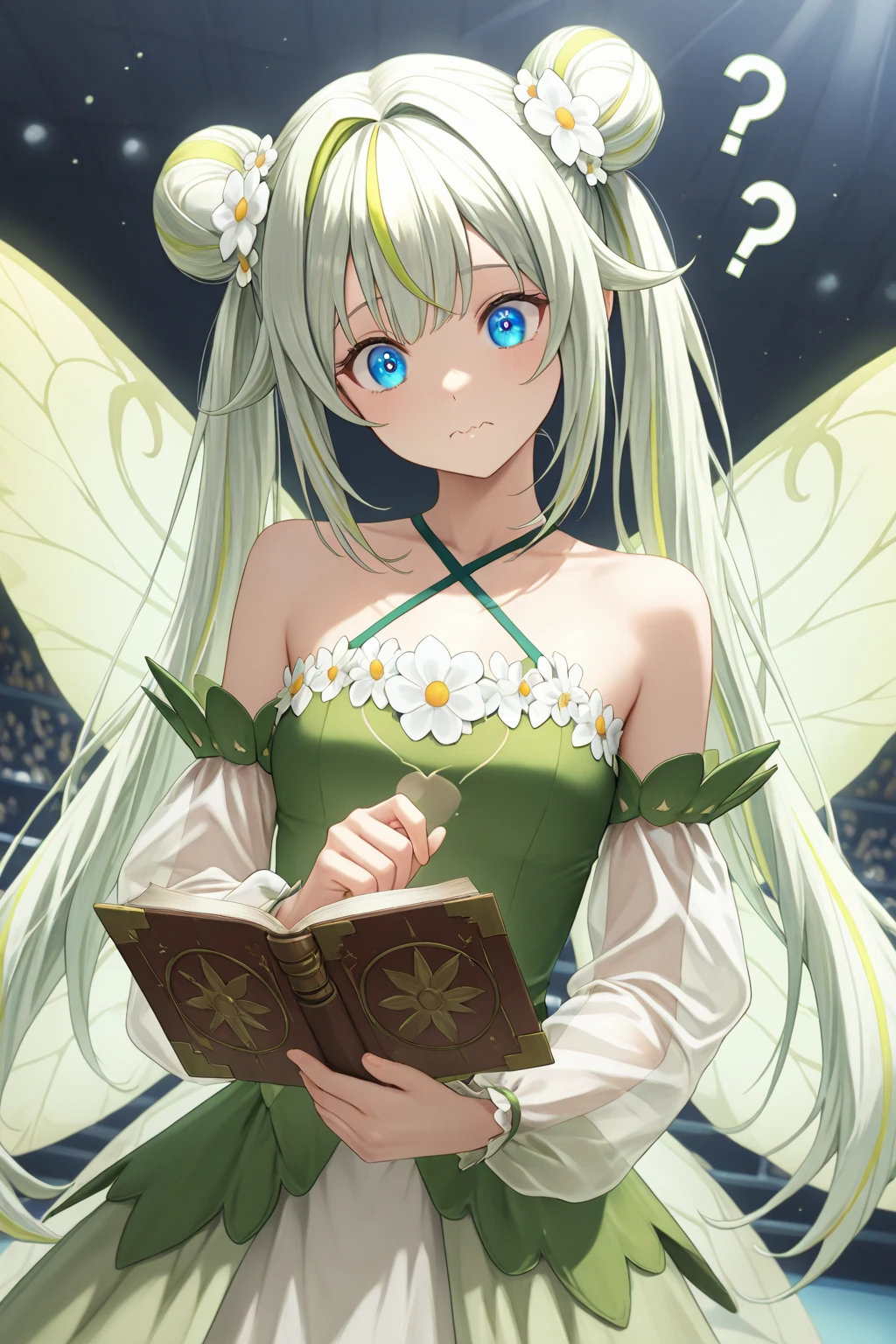 a fairy girl, light green hair, (highlights hair, light blue streaked hair), shiny hair, double bun, volume twintails, long hair, hair blowing in the wind, hair intake, blue eyes, thinking, confused, wavy mouth, head tilt, question mark,
break, flower hair ornament, fairy wings, green fairy clothes, criss-cross halter, detached sleeves, overskirt, white flower trim, See-through stole,
break, holding open book, stare a book, university auditorium, duch angle,
break, 傑作, 最高品質, 鮮やか, very aesthetic, high contrast, newest, anime style,