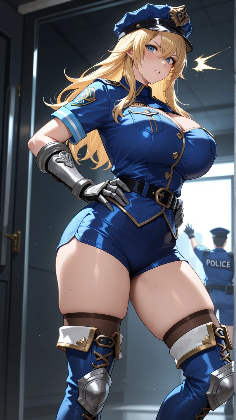 1girl, princess peach, solo, long hair, yellow hair, blue eyes, (sexual vice police, bdsm pplice uniform, bondage), looking at viewer, (street background, onlookers), closed mouth, ribbon, hair ribbon, small breast, full body, sexy legs in tight boots, stockings, high heels, seductive, lace lingerie, flirting, offering her body, shameless, wet pussy, pussy juices, ((Lust)), nsfw, (Standing on your doorstep)gigantic sagging breastslarge breasts, gigantic breasts, sagging breasts