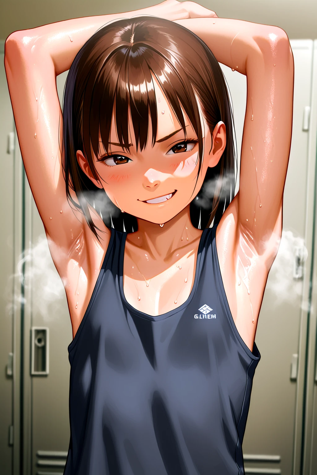 nsfw ntrgao Miyanoshita Satsuki, green eyes, brown hair, braid, long hair, hair bow,T-shirt sheer with sweat Sports Bra Light blue sports bikini Abandoned wooden school building classroom midnight Are standing Scared high resolution 4k