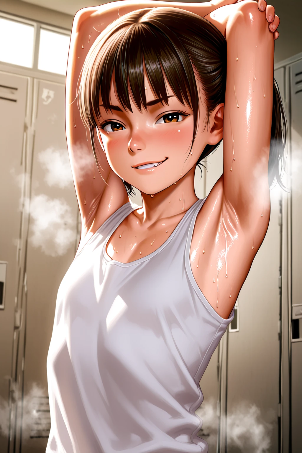 solo,looking away,upperbody,close up face,beautiful 18yo woman,(ballerina),(mini skirt), (hair bun,top knot), little smile, in studio,ballet pose,sweaty,Correct Anatomy、