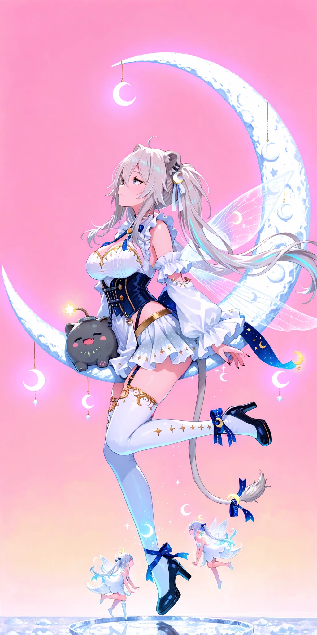 best quality,High Resolution, Masterpiece, HD, High Details, Super Detailed, shishiro_botan,shishiro_botan_(5th_costume),ssrb_(shishiro_botan),absurdres,commentary,highres,animal_ears,between_thighs,breasts,cleavage_cutout,clothing_cutout,corset,crescent_moon,detached_sleeves,dress,frilled_sleeves,frills,from_side,full_body,grey_hair,hair_lift,hair_ribbon,hanging,high_heels,highleg,large_breasts,leg_up,light_smile,lion_ears,lion_girl,lion_tail,long_hair,looking_at_viewer,moon,multicolored_hair,pink_background,ribbon,sidelocks,simple_background,streaked_hair,tail,tail_ornament,tail_ribbon,thighhighs,turning_head,twintails,virtual_youtuber,white_dress,zettai_ryouiki,(floating,riding on crescent moon,surreal fairy tale illustration riding the Model of white crescent moon,from side,glass foreground,bend back,leg up:1.3),(Thigh straddling on crescent moon,:1.3),(glowing white crescent moon Model,:1.3)