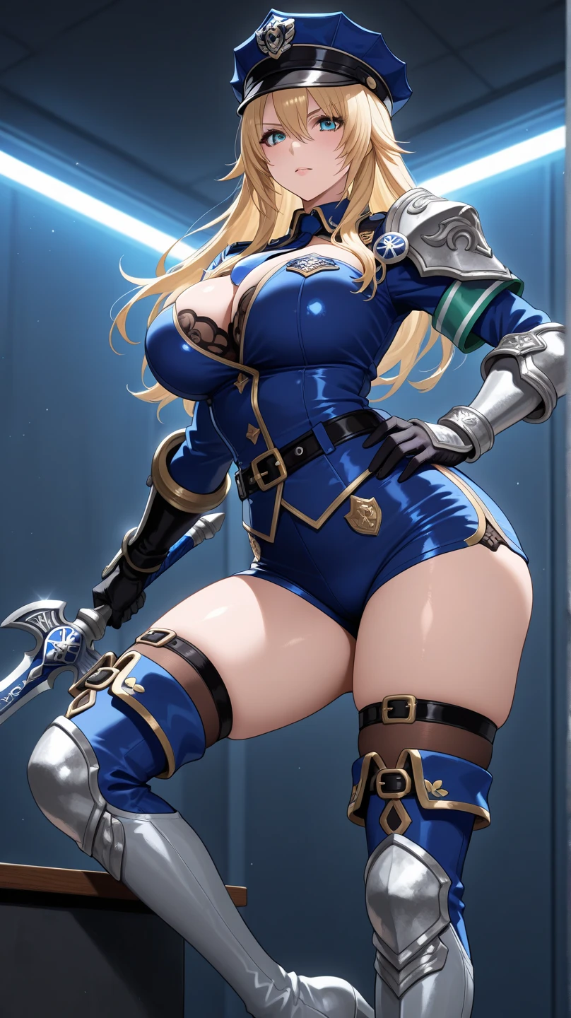 Browsing Caution,Sensual, Long blonde hair, Thick thighs, 8k, 4K, Highest quality, (High resolution:1.6), Cute anime face, Noise Reduction,short hair,Flaxen Hair、 (Sparkling Blue Eyes, A kind smile:1.3, Kind eyes:1.3)、Young Face, Anime Eyes, Asheria、(Sword in right hand:1.5)、(Equipped with a shield on the left arm:1.5)、(SFW Giant:1.9)、Large areola, Puffy nipples:1.3、Long tights、Knee-high boots、(garter belt:1.5)、Beautiful Hands、Beautiful fingers、(High cut thong:1.5),Squat, Spread your legs,