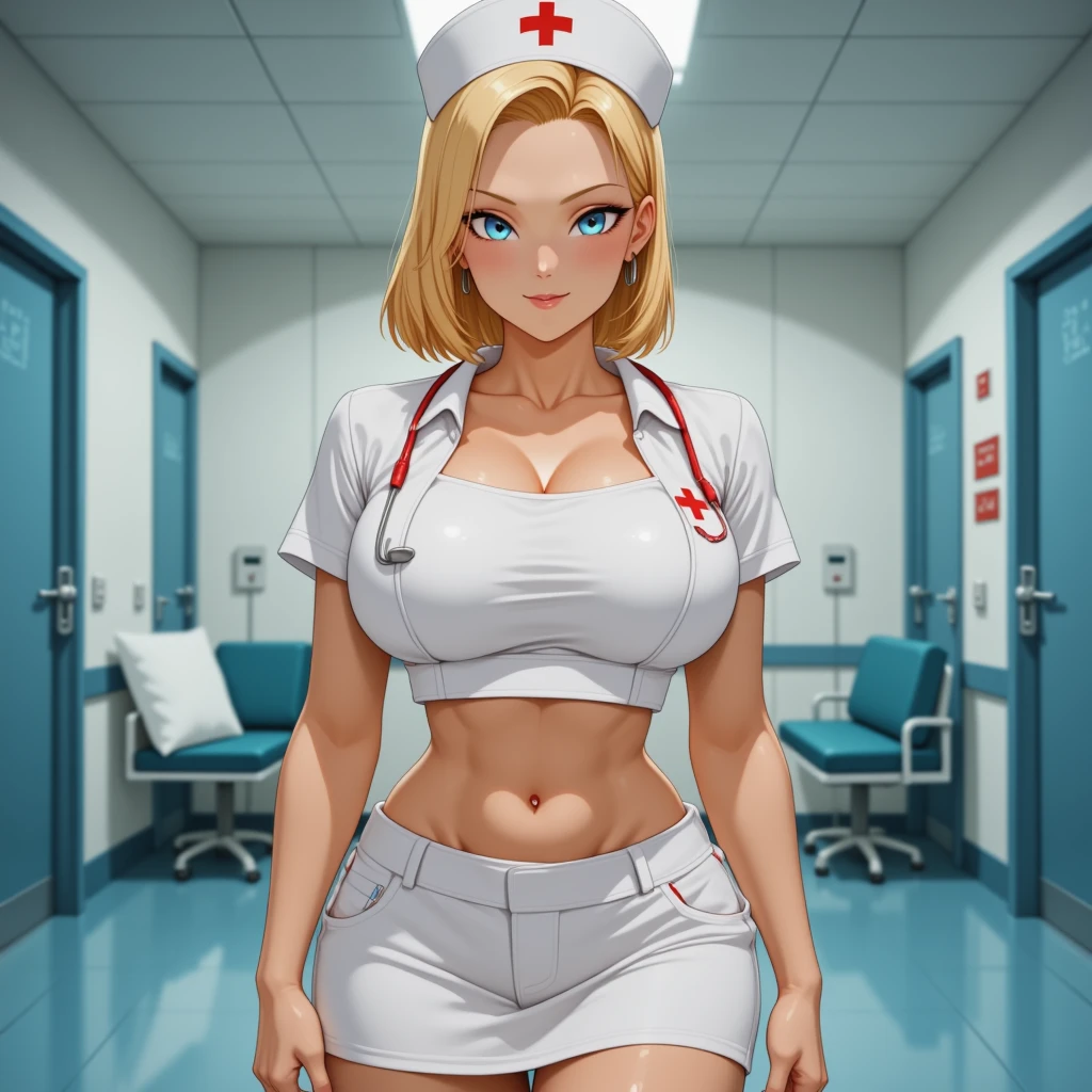 blonde blue eyes cartoon with little smiling expression, big cleavage and Sweaty body