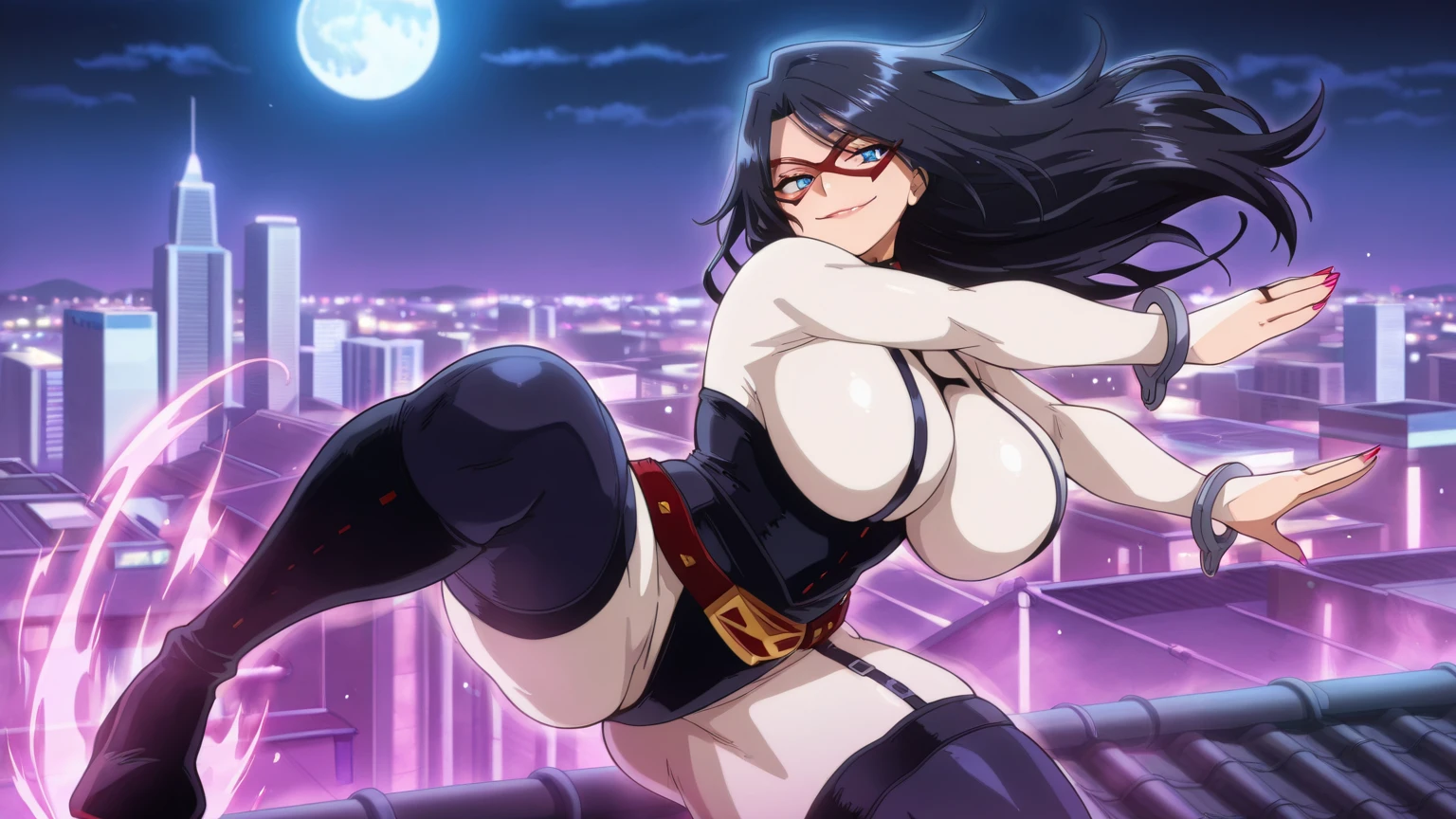 Beautiful, looking at viewer, pov on bellow, (showing whole body), cowboy shot, ((focus on whole body)),(police uniform:1.5), city background, semi-rimless eyewear, black hair, very long hair, ponytail,Bangs,purple eyes, 1 girl, 20yo,Young female,Beautiful Finger,Beautiful long legs,Beautiful body,Beautiful Nose,Beautiful character design, perfect eyes, perfect face,expressive eyes,perfect balance, (innocent_big_eyes:1.0), official art,extremely detailed CG unity 8k wallpaper, perfect lighting,Colorful, Bright_Front_face_Lighting,shiny skin, (masterpiece:1.0),(best_quality:1.0), ultra high res,4K,ultra-detailed, photography, 8K, HDR, highres, absurdres:1.2, Kodak portra 400, film grain, bokeh:1.2, lens flare, (vibrant_color:1.2),professional photograph, (Beautiful,large_Breasts:1.4), (beautiful_face:1.5)