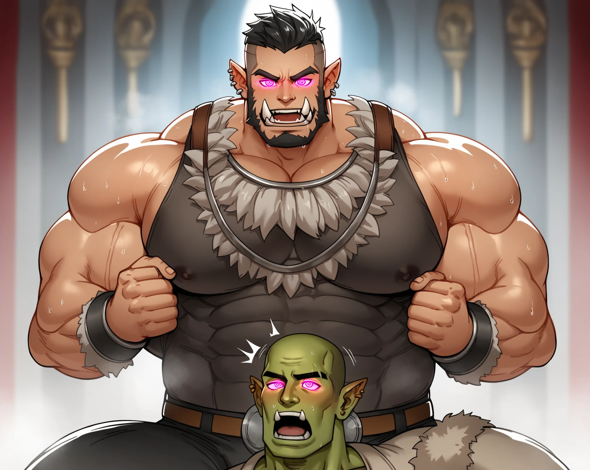 (2 characters - young adult muscular male warrior with black short hair and beard and huge sagging manly pecs is wearing erotic armor and being attacked and having sex with huge monstrous green orc creature), NSFW, monster hentai, size difference, dungeon, (orc with his human male slave that is spanked), ((orc spanking human male)),