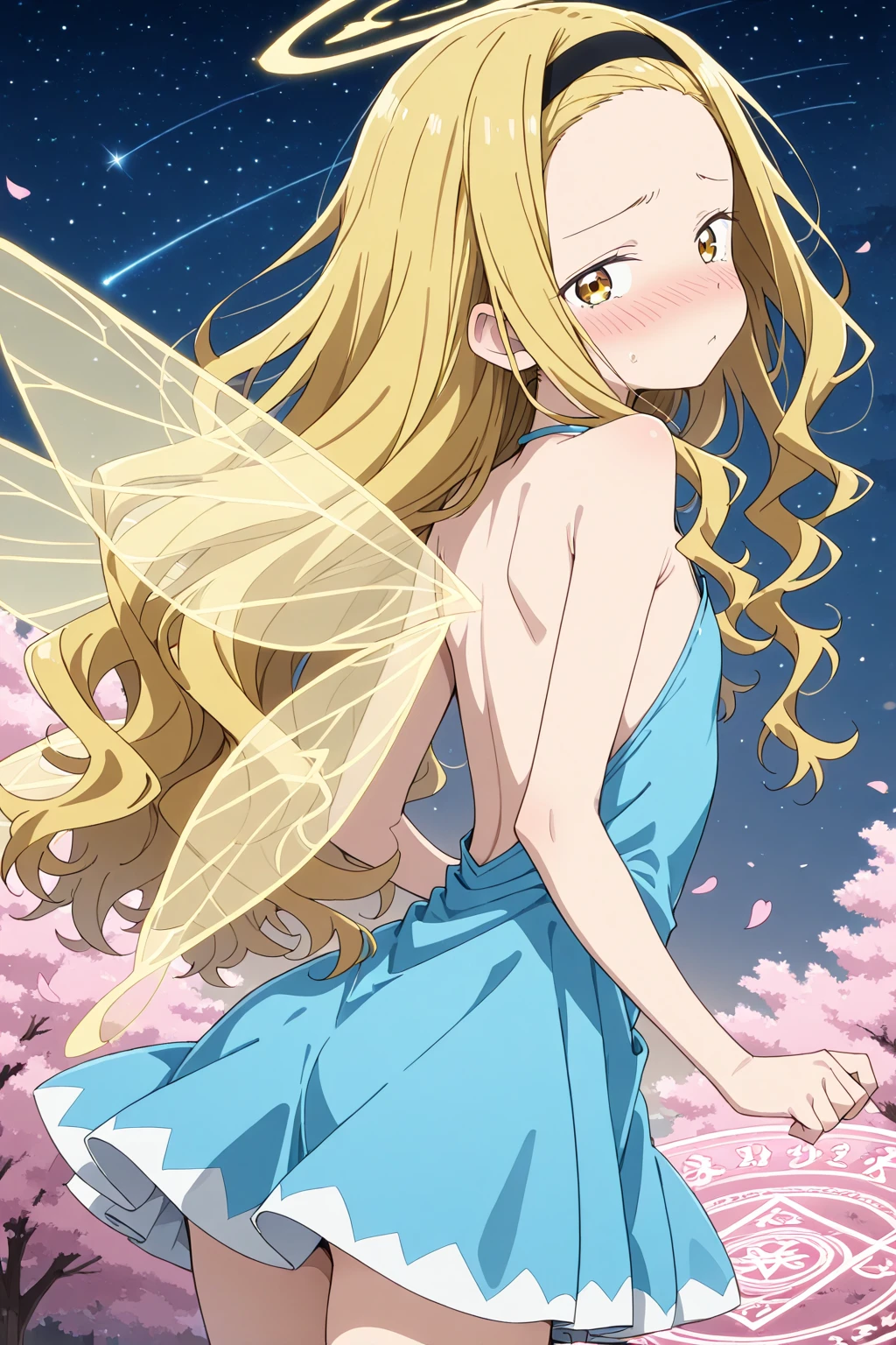 mika pikazo, celine \(fire emblem\), 1girl, bangs, bare shoulders, blonde hair, butterfly hair ornament, crown, dress, flat chest, flower, green eyes, hair ornament, layered dress, long hair, looking at viewer, open mouth, petals, princess, smile, solo, teeth, thighs, very long hair, yellow dress

<lora:mika_pikazo:0.6>