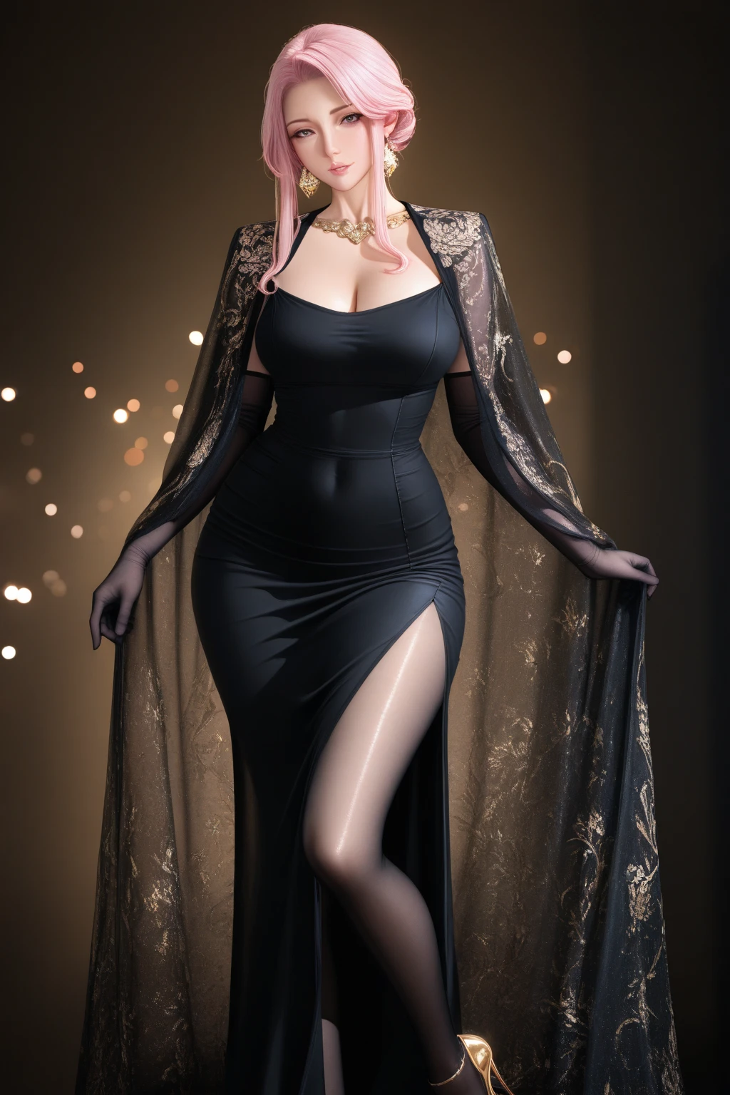 ((best quality,4k,highres,masterpiece:1.2)),((character concept art)), 1 female, French origin, age 31, brunette hair. Her presence is incredibly sexy and seductive, adding an extra layer of intrigue and danger to her overall persona. She is wearing a stunning Versace Crystal-Embellished Silk Gown, adorned with crystals, featuring a fitted silhouette, a deep V-neckline, and a high leg slit. The luxurious silk gown embodies Versace's signature dramatic style, perfect for an evening event. She is also wearing a pair of Christian Louboutin high heels, adding to her allure. ((intricate detail)), super finely detailed hands, ultra finely detailed fingers(((ten fingers))), (standing seductively), (full body showcase), (show full body), (no logos on background), (no logo), ((plain background)), ((plain background)), (((empty background))).