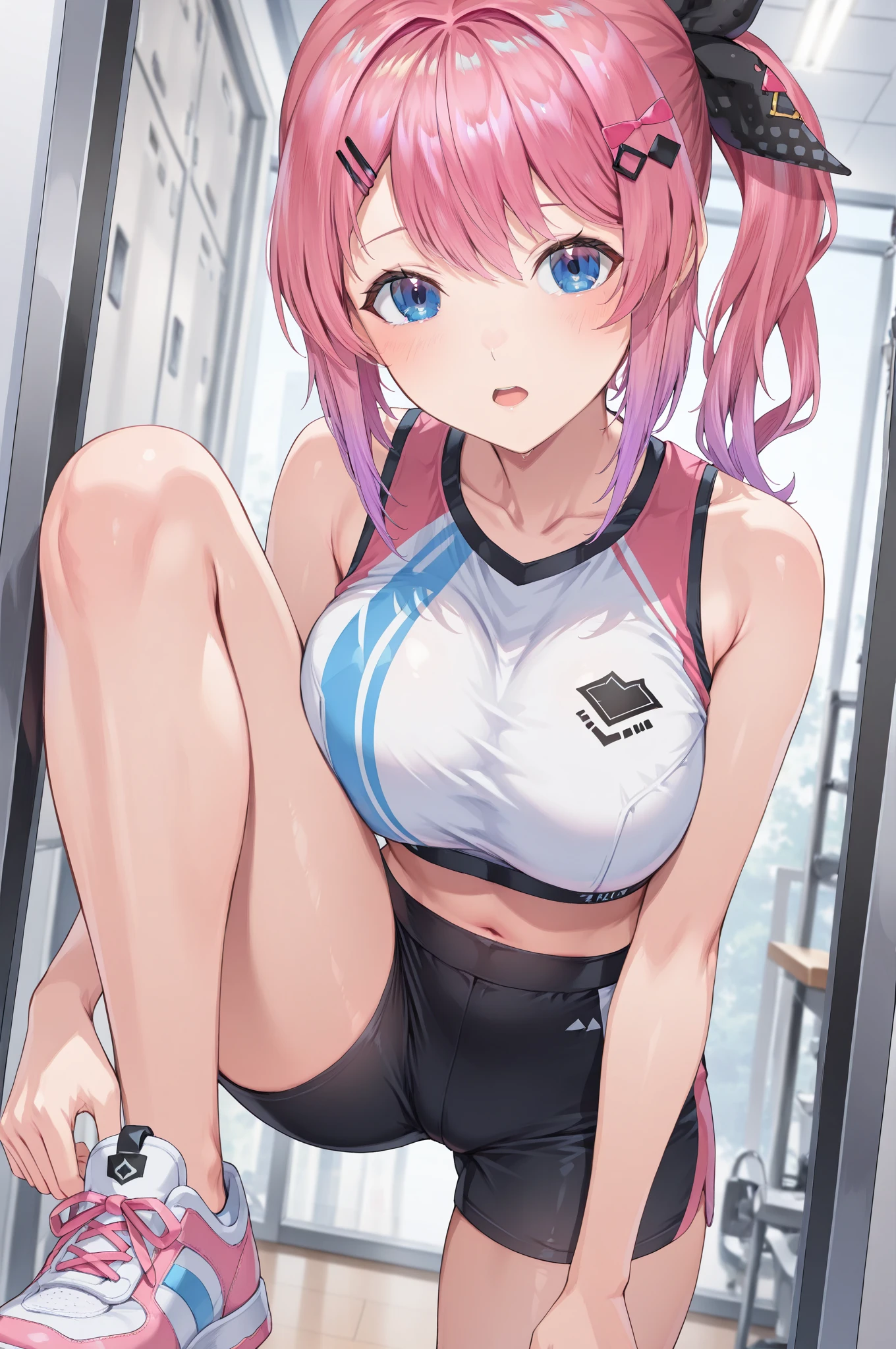 (Highest quality,8k,32K,masterpiece,Ultra-high resolution :1.2 ),born,One girl,Super cute,Natural light,Clear, shining eyes,20-year-old,Fair skin,Training gym digital world fantasy background,Pink Hair,Twin tails,I am training,Large Breasts,An innocent smile