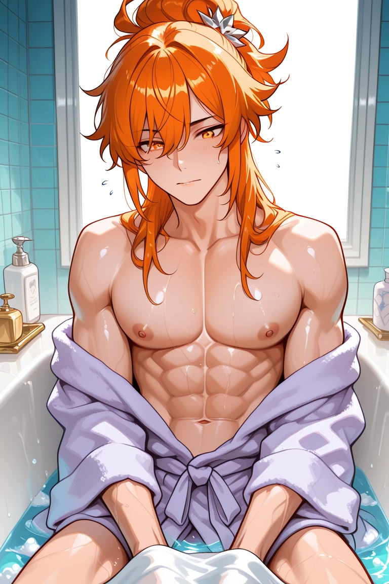 absurdres, highres, ultra detailed, HDR, master piece, best quality, extremely detailed, Dante, red hair, long hair, tanned skin, expressive blue eyes, ?? Carnival, solo, sexy man, handsome, ?????, sensual, without clothes, ?????, taking a shower, bathroom, water, bathtub, sitting