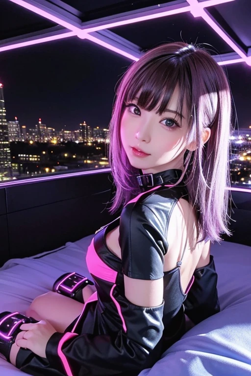 Woman in purple leotard poses for photo, Purple light on、smooth purple skin, Purple body, Cute girl in shiny purple suit、Purple background, Purple Neck Choker, Purple collar, (((small tit、flat boobs、small tit、small tits))), (Shiny skin:1.5), , latex shiny, Wearing a latex costume, wearing tight suit, Top quality glossy metallic glossy skin、masterpiece、超A high resolution、(Photorealsitic:1.4)、Raw photo、女の子1人、Black hair、glowy skin、1 Mechanical Girl、((super realistic details))、portlate、globalillumination、Shadow、octan render、8K、ultrasharp、metals、Details of complex ornaments、Japan details、highly intricate detail、、CGSoation Trends、glowing brown eyes、Facing the camera、neon details、Mechanical limbs、blood vessels connected to tubes、Mechanical vertebrae attached to the back、mechanical cervical attaching to neck、sitting on、Wires and cables connecting to the head、Gundam、Small LED lamp、(1girl eyes looking at viewer:1.55), (Medium Hair, brown haired, parted hair:1.45), (Bokeh), 8 years old girl
