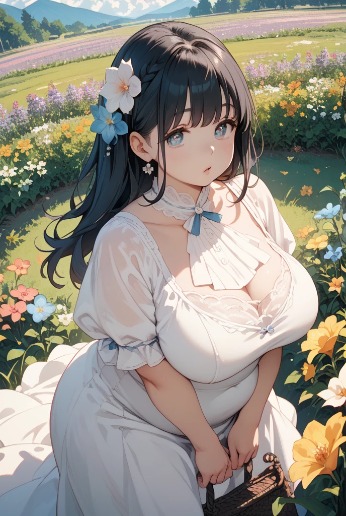 an anime style painting of a woman with very large breasts holding baskets, 1girl, breasts, solo, flower, black hair, underwear, blue eyes, outdoors, hair ornament, long hair, bra, looking at viewer, huge breasts, gigantic breasts, bangs, cleavage, jewelry, shiny, earrings,see-through dress