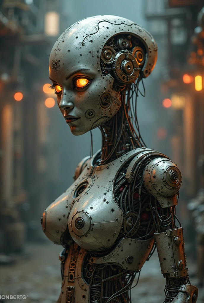 biomechanical cyberpunk,  1 beautiful woman, solo, bright detailed eyes, colorful hair, vibrant colors, cyborg, intricate, ornate, cybernetics, human-machine fusion, dystopian, organic meets artificial, dark, intricate, highly detailed