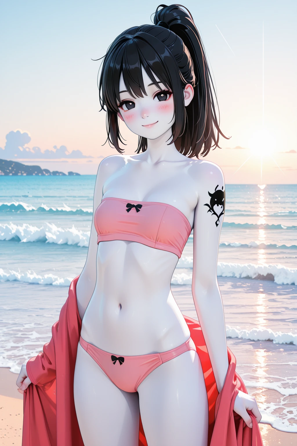 masterpiece, best quality, ultra detailed, highres, extremely detailed CG unity 8k wallpaper, perfect lighting,  very detailed background, Outdoor、beautiful and aesthetic,sharp focus, perfect face, Perfect hands、Perfect Fingers、Perfect toes、Five fingers、
1lady、 smiling、
short black hair, large red eyes、delicate oval face、(flat chest:1.9)、Underlim figure、underboob、
Purple triangle bikini、Seaside、(Sandy Beach:1.3)、Sunset、Sunset、
thin thong、barefoot、Sitting、View your viewers、
Ambient light、Volumetric Light、shoot from side、(Glowing Skin:1.7)、