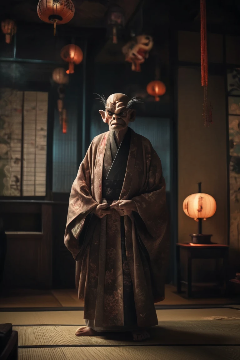 8k、Ultra HD、Inside the Japanese-style room、Has a smoking pipe、profile、An old man-like monster wearing a kimono、Shallow depth of field, Vignette, Very detailed, High budget, Bokeh, CinemaScope, Sulky, amazing, nice, Film Grain, granular . Creepy, Anxious, dark, Creepyな, Suspenseful, strict, Very detailed