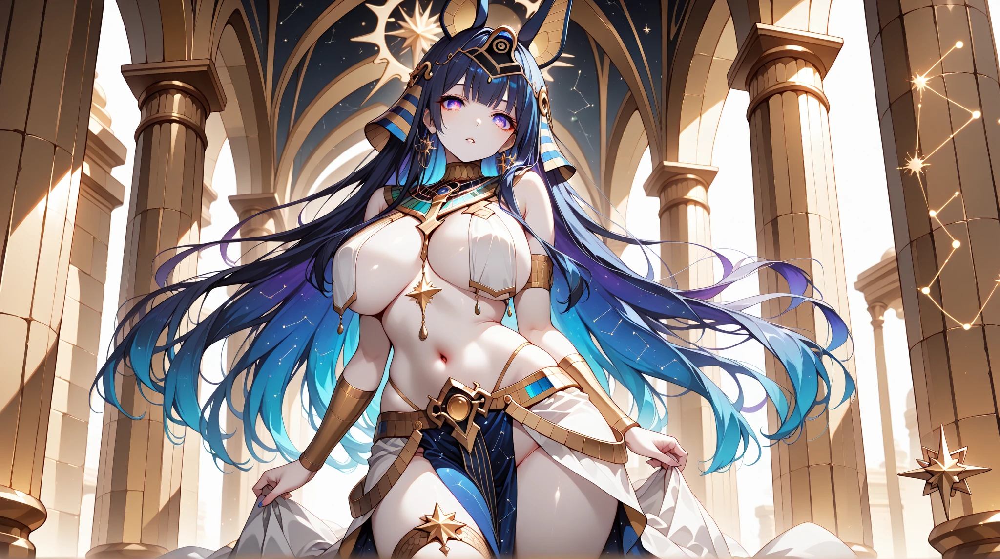 1girl, animal ears, ankh, bangs, uncensored, between breasts, black gloves, black hair, black thighhighs, dark-skinned female, dark elf, dark skin, egyptian, egyptian clothes, elbow gloves, elf, gloves, green eyes, hand on hip, huge breasts, jackal ears, long hair, long pointy ears, looking at viewer, navel, nipples, nude, pointy ears, pussy, sekhmet of death, single thighhigh, solo, thighhighs, very long hair, white background,realistic,parted lips